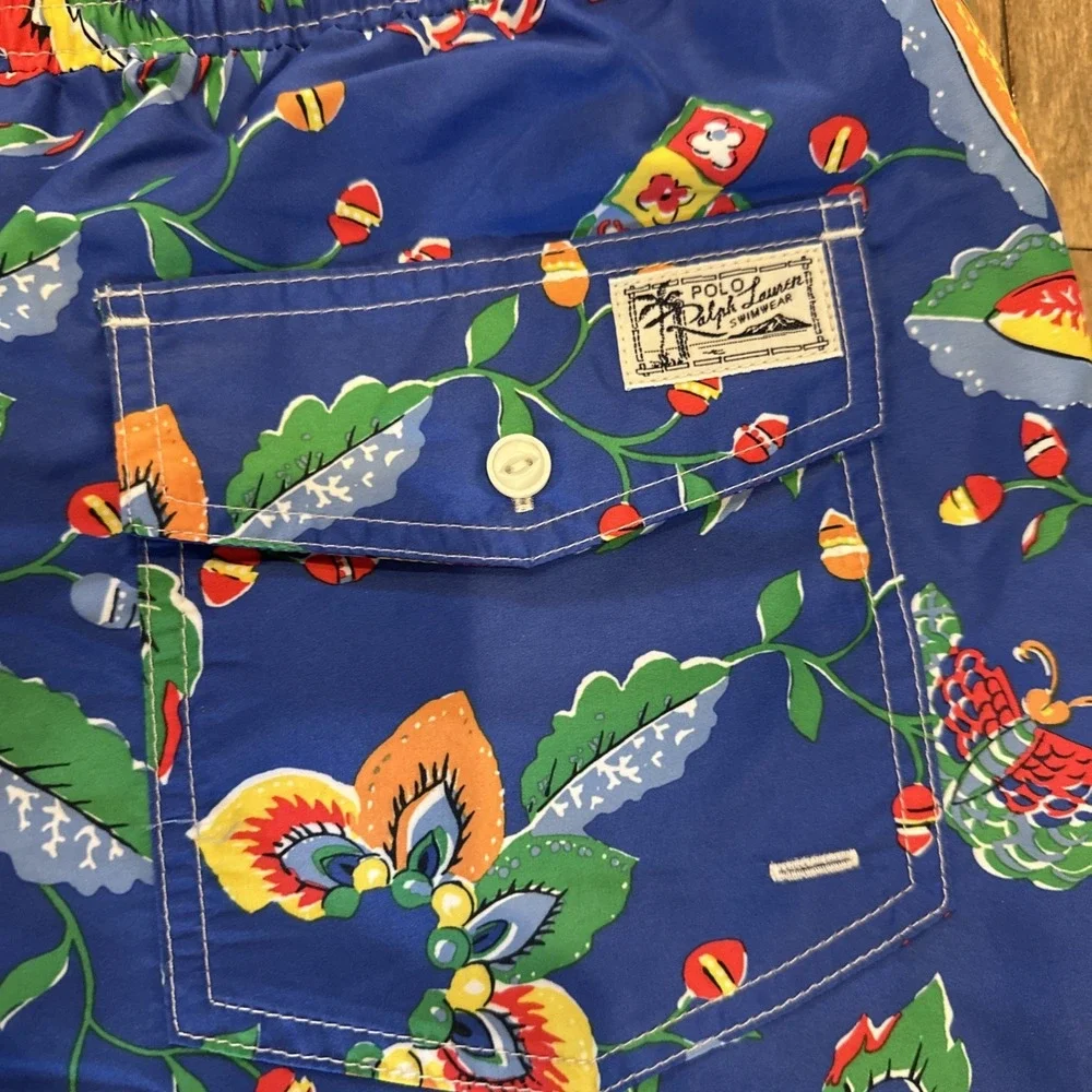 Polo‎ Ralph Lauren Men's Big & Tall Floral Bird Blue Swim Trunks Pony Size 3XLT